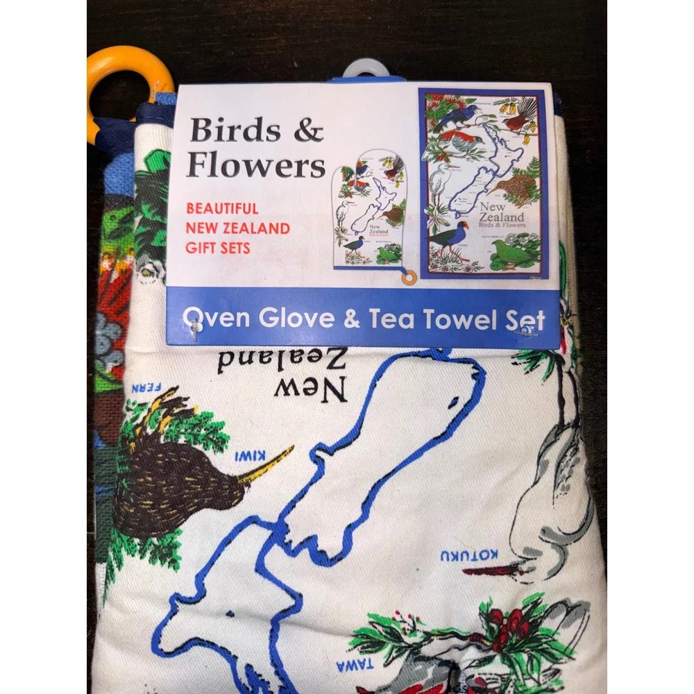 Hallifax New Zealand Birds & Flowers Oven Glove and Tea Towel Set MBF-GT‎ New